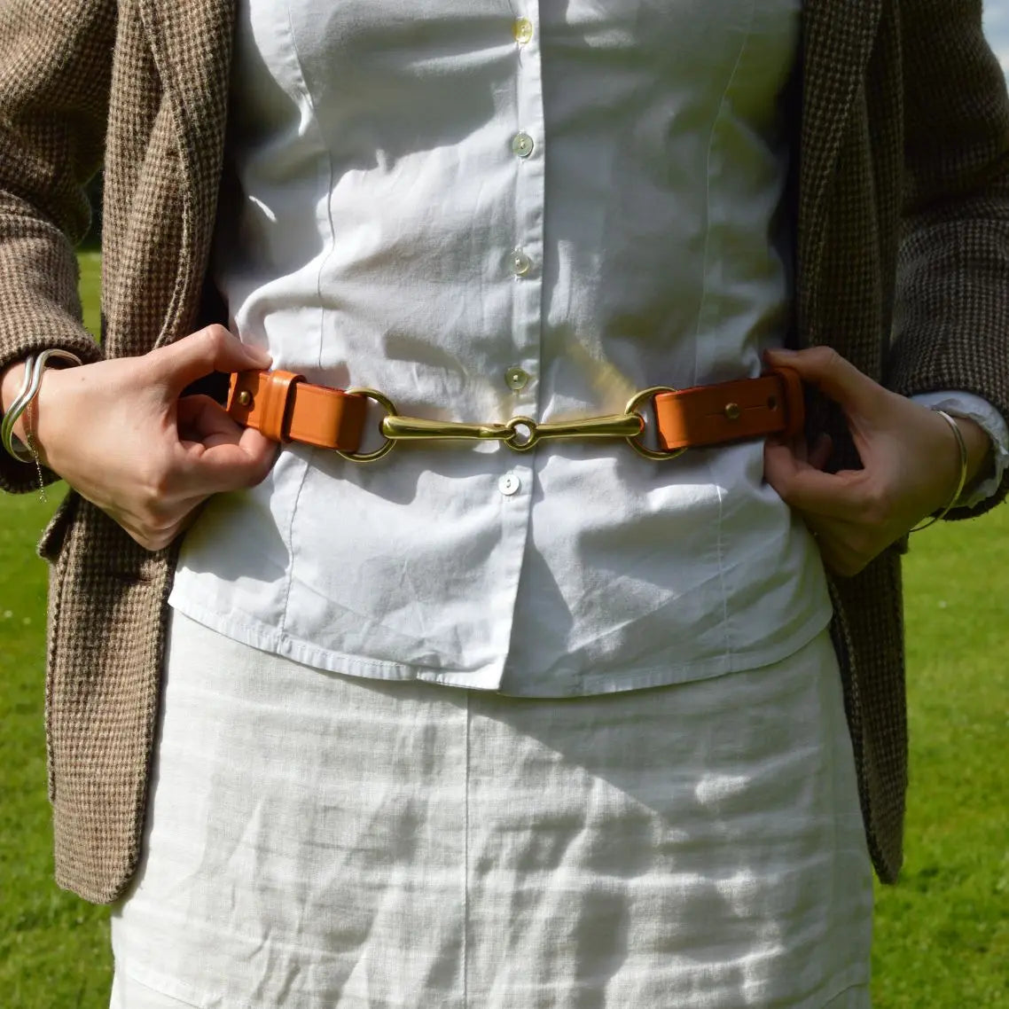 Filly & Fox Shackle London Tan Dressage Belt with Brass Horse Bit - country style