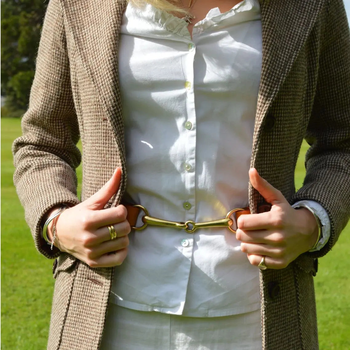 Filly & Fox Shackle London Tan Dressage Belt with Brass Horse Bit - Tweed Jacket