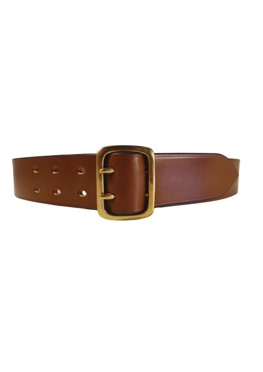 Front view of handcrafted Sam Brown bridle leather belt with brass buckle