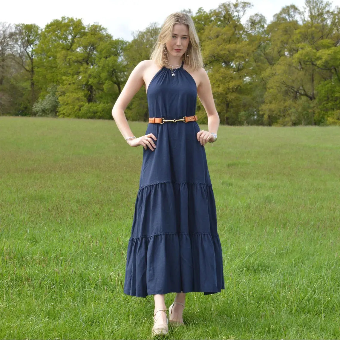 Filly & Fox Shackle London Tan Dressage Belt with Brass Horse Bit - Tan and navy 