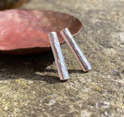 Long hammered sterling silver stud earrings