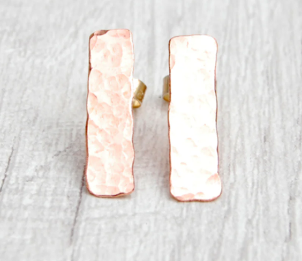 Long hammered copper stud earrings