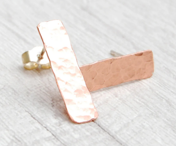Long hammered copper stud earrings