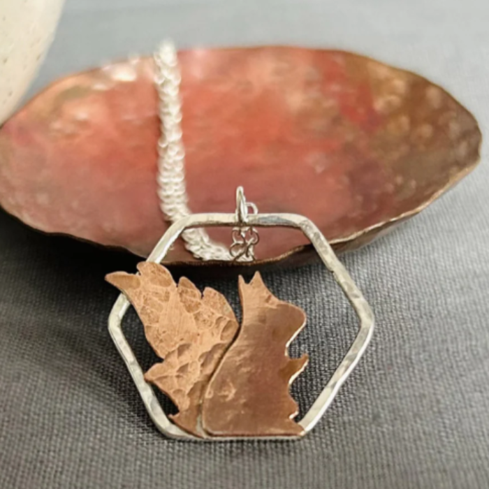 Copper Squirrel -  Red Squirrel necklace in hammered Copper and recycled sterling silver. - FILLY & FOX